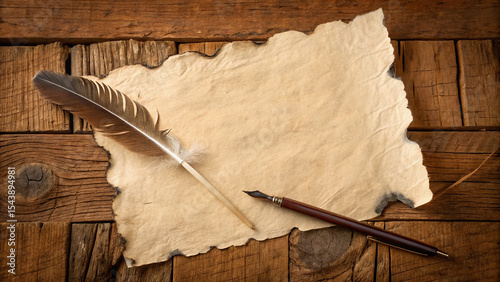 Feather quill and ink pen on parchment paper resting on a rustic wooden surface for writing or drawing