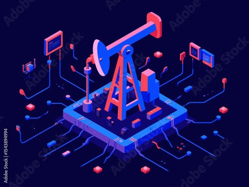  Digital oil pumpjack positioned on circuit board representing smart oil industry