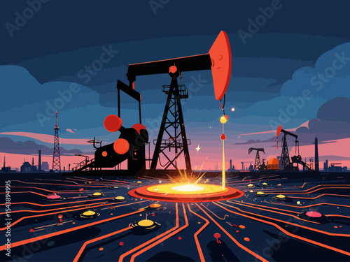  Digital oil pumpjack positioned on circuit board representing smart oil industry