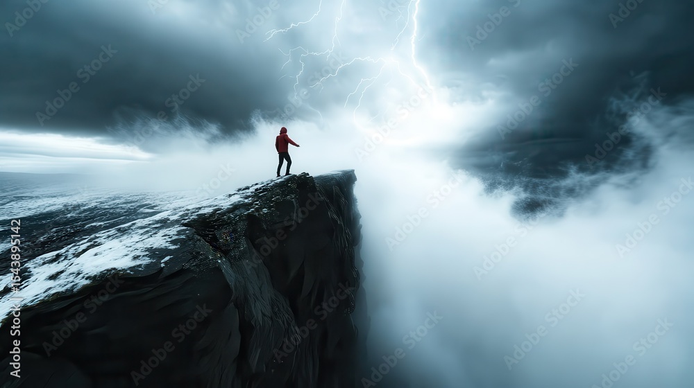 Obraz premium A dramatic scene featuring a lone man standing on a cliff as lightning strikes the moody sky, portraying the power and majesty of nature in a breathtaking moment.