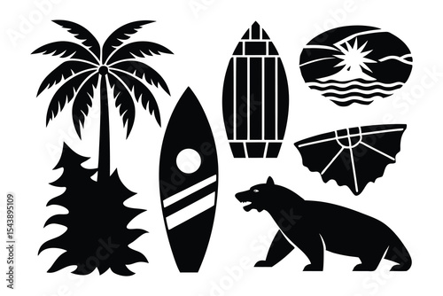 Six Piece Black Silhouette California Vector Set Surfboard Palm Bear