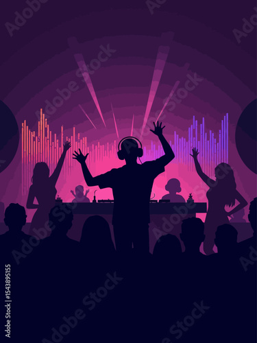  Dj playing music for party people cheering with colorful equalizer background