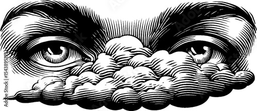Surreal eyes and clouds illustration in black and white for creative design projects