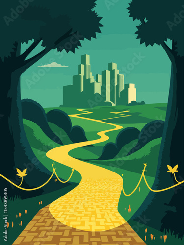 Enchanted yellow brick road leading to magical emerald city in springtime , Fantasy 