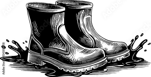 Rain boots splashing in puddle illustration