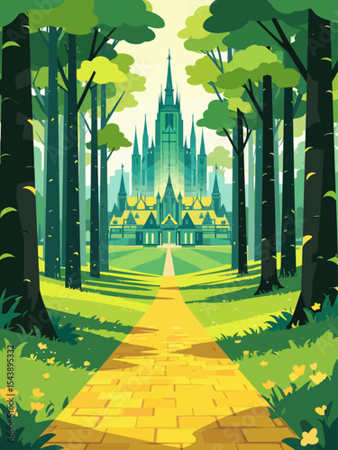 Enchanted yellow brick road leading to magical emerald city in springtime , Fantasy 