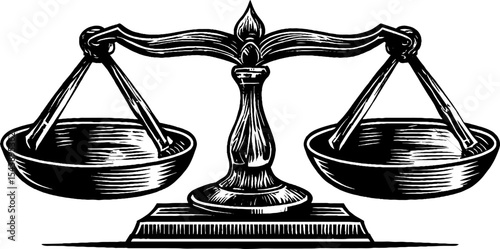 Balanced scales in black and white woodcut design for justice and fairness concepts