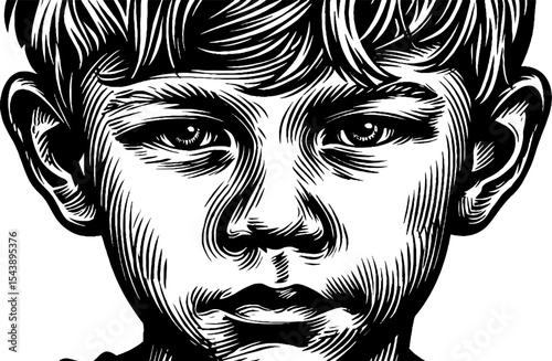 Haunted child portrait with expressionless stare, black and white art for halloween design