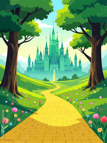 Enchanted yellow brick road leading to magical emerald city in springtime , Fantasy 