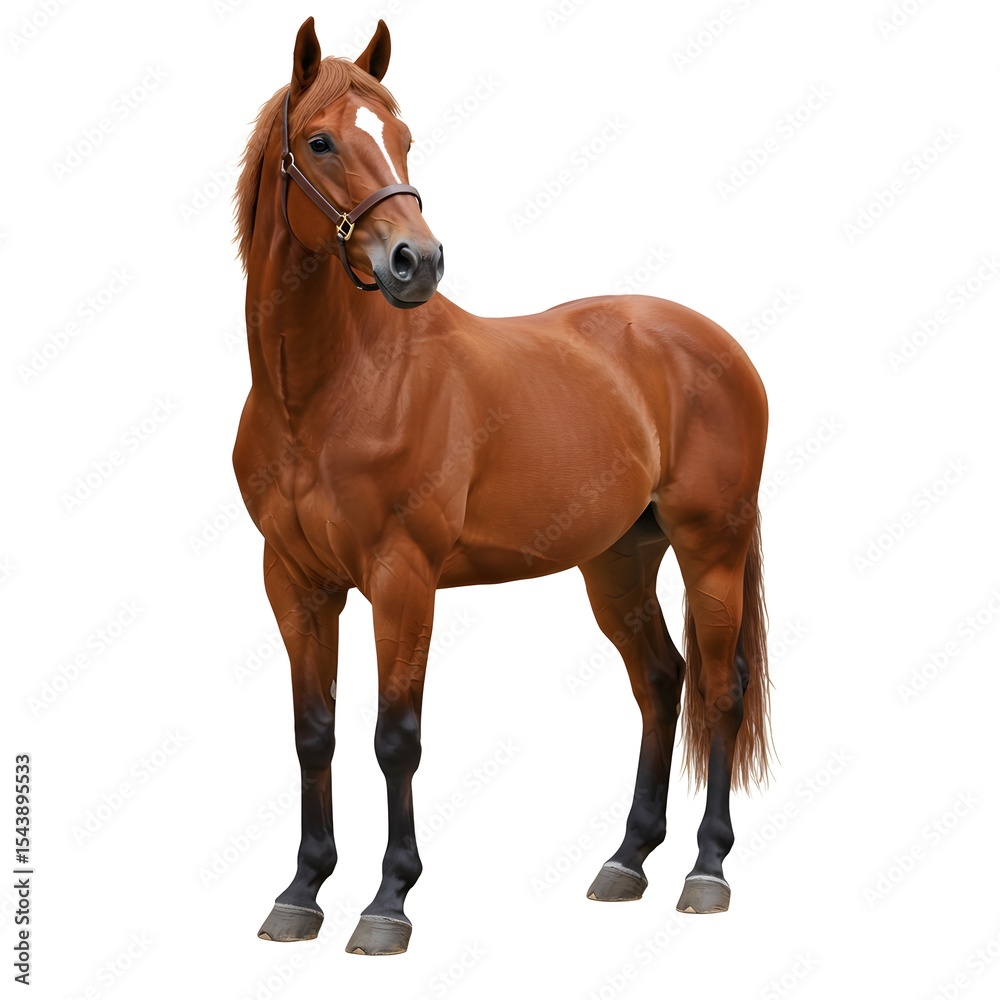 Fototapeta premium Realistic horse in white background, and a thoroughbred horse standing against a white background