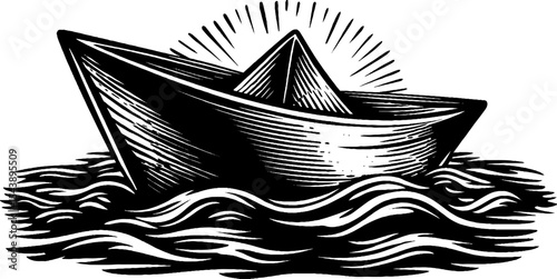 Tranquil paper boat floating on water in black and white design for posters