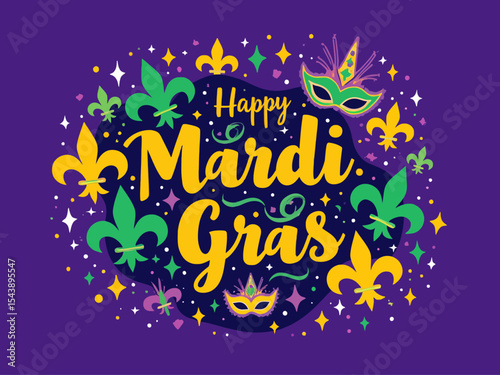 Festive Mardi Gras design features vibrant lettering, fleur-de-lis, and masks on a purple background