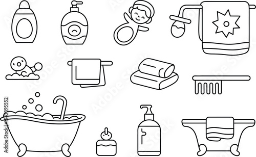 Outline illustration of baby bath time elements on a white background