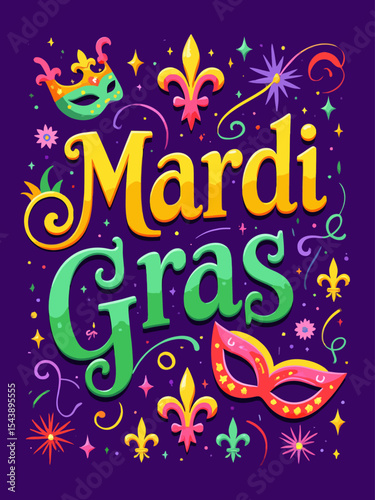 Festive Mardi Gras design features vibrant lettering, fleur-de-lis, and masks on a purple background