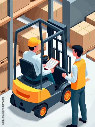 Forklift operator training session with instructor guiding license examination process in a warehouse safety environment isometric isolated