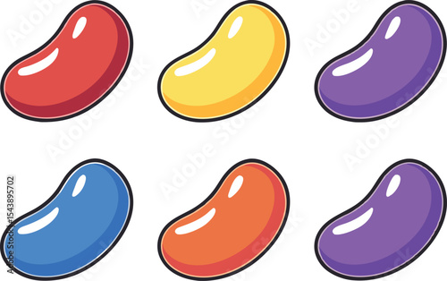 Colorful cartoon illustrations of various flavored jelly beans on a white background