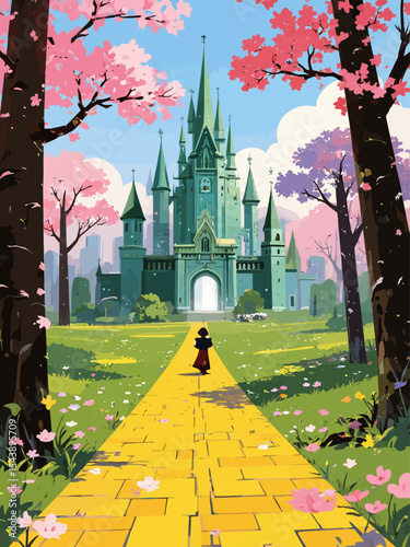 Enchanted yellow brick road leading to magical emerald city in springtime , Fantasy 