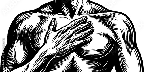 Emotional expression of comfort and introspection in black and white line art illustration
