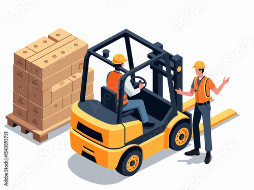 Forklift operator training session with instructor guiding license examination process in a warehouse safety environment isometric isolated