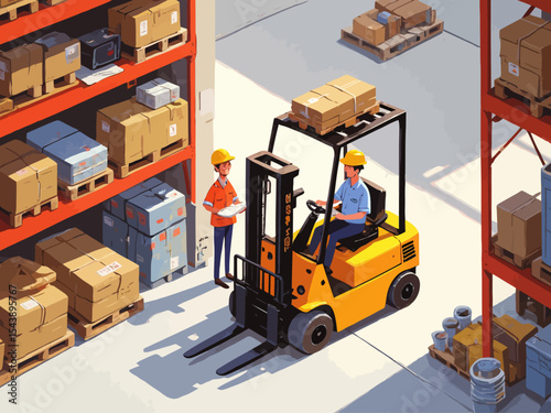 Forklift operator training session with instructor guiding license examination process in a warehouse safety environment isometric isolated