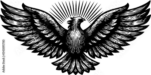 Mythical phoenix rising from flames in black and white woodcut design