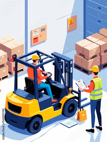 Forklift operator training session with instructor guiding license examination process in a warehouse safety environment isometric isolated