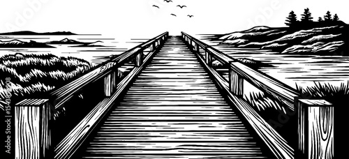 Serene pier extending into lake with scenic landscape in black and white