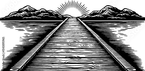 Tranquil pier extending into serene lake at sunrise in black and white