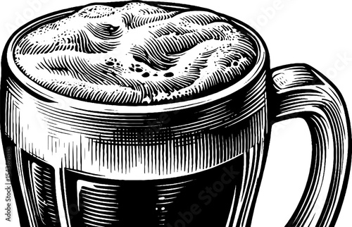Traditional pint of dark beer with frothy head in black and white design