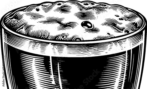Black and white illustration of a pint of dark beer with frothy head