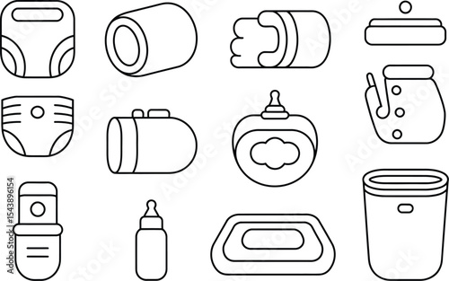 Outline vector illustration of baby care items and accessories in white background