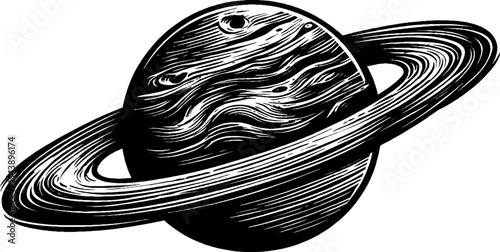 Black and white celestial scene featuring planet with craters and rings
