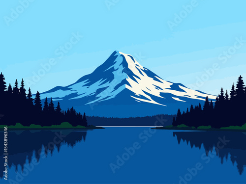 Majestic Mount Hood, Oregon Blue Landscape Illustration 