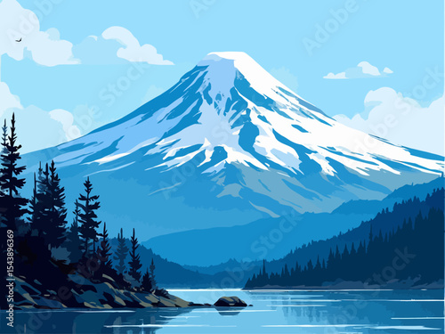 Majestic Mount Hood, Oregon Blue Landscape Illustration 