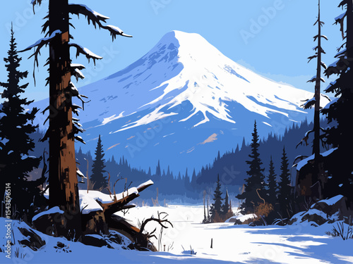 Majestic Mount Hood, Oregon Blue Landscape Illustration 