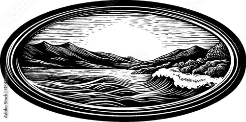Ocean adventure through a porthole with mountain and wave scene in black and white design