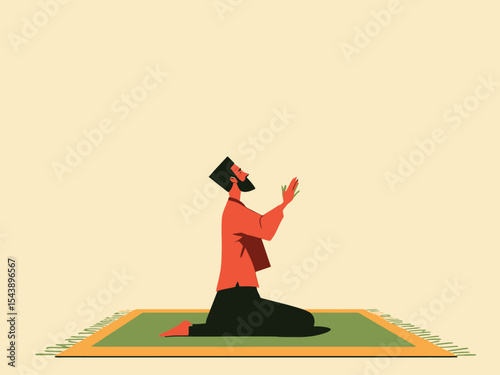 Man in traditional attire performing prayer on a green mat in a flat 