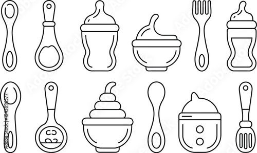 Seamless pattern with baby feeding accessories in outline style vector art
