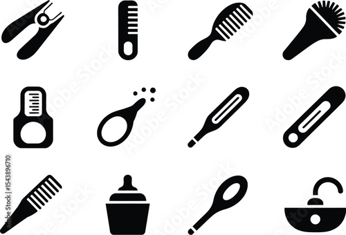 Twelve black silhouette icons depicting baby care and grooming essentials set