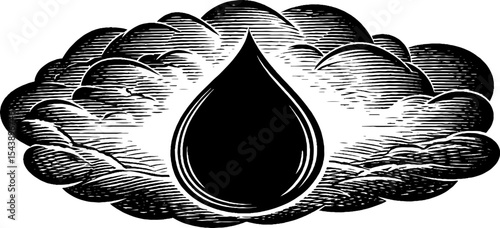 Abstract monochrome art of puddle and cloud reflection. Black and white woodcut texture illustration.
