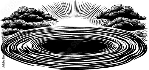 Black and white woodcut of clouds reflected in a puddle with radiating pattern