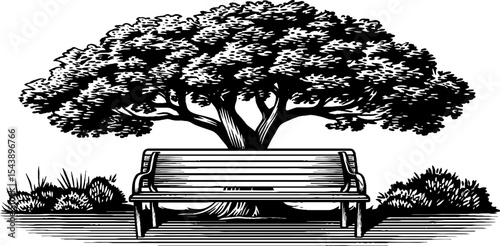 Tranquil public bench scene beneath shaded tree in black and white woodcut style