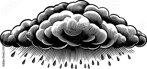 Black and white raincloud with falling drops design for weather-themed decorations
