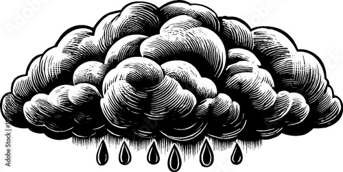 Black and white raincloud with falling raindrops for weather design projects