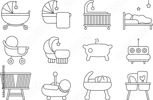 Various outlined baby furniture and accessories in a line art vector graphic