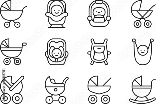 Collection of baby transport icons including strollers and car seats designs