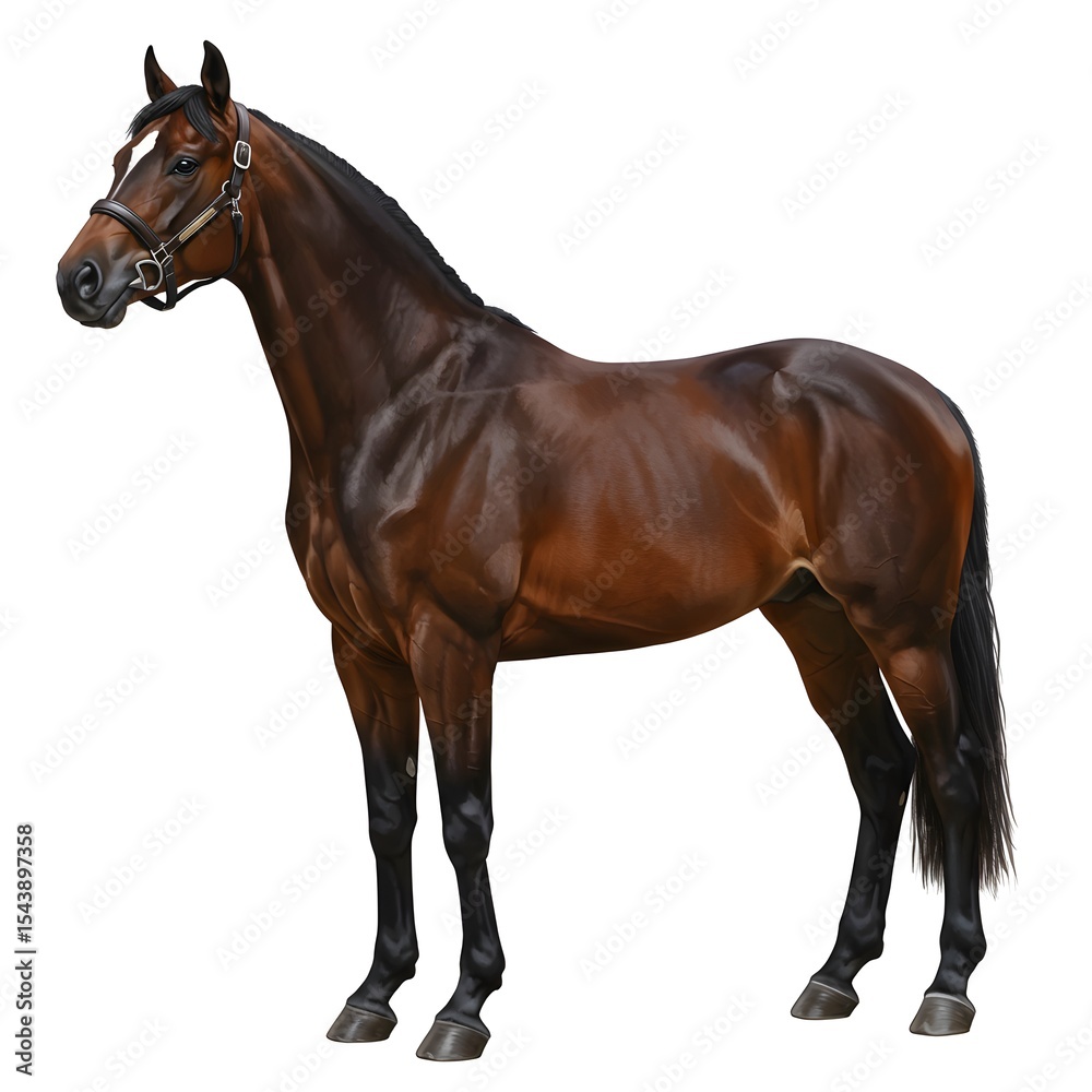 Obraz premium Realistic horse in white background, and a thoroughbred horse standing against a white background