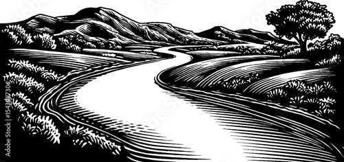 Serene river winding amidst peaceful countryside landscape in black and white