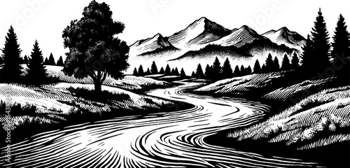 Black and white landscape with river winding through mountainous terrain