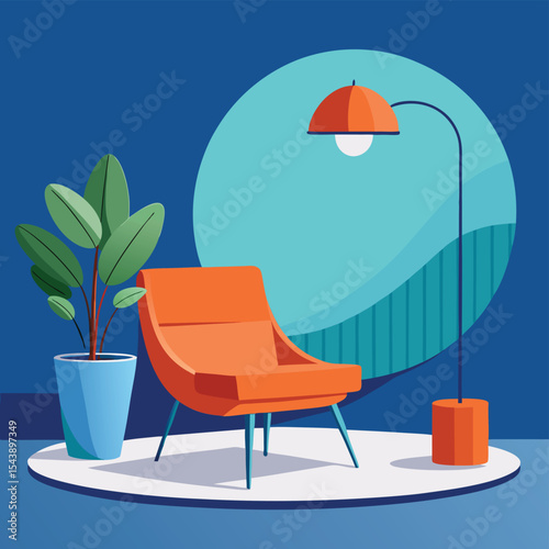Modern orange armchair with floor lamp and plant